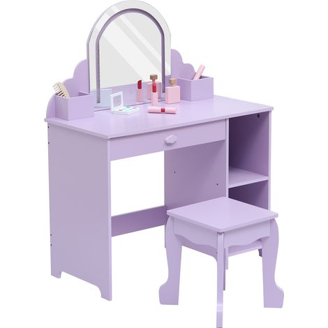 Coiffeuse enfant avec miroir LED et tabouret – Table de maquillage et bureau d'étude 2-en-1 – Tiroirs, étagères, rangement – Mobilier chambre ou salle de jeux – Violet (1/5)