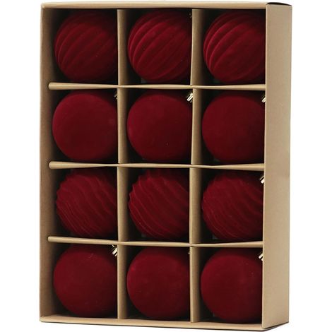 Juego de 12 adornos navideños de terciopelo rojo, 8 cm (3,15 pulgadas), adornos de terciopelo burdeos (1/4)
