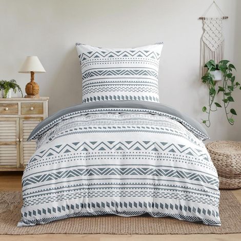 Bettwäsche-Set 155x220 cm Boho Grau mit Kissenbezug 80x80 cm, Mikrofaser, bügelfrei