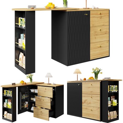 Table de bar extensible avec espace de rangement (138-204×39×104 cm), table à manger pivotante à 360°, table de bar mobile moderne, table haute pour îlot de cuisine, buffet à effet bois (1/5)