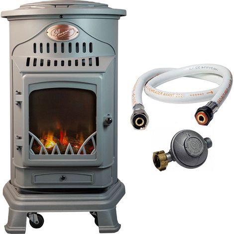 Universal – Poêle à gaz 3,4 kW gris perle – Fonte véritable – Tuyau et détendeur butane inclus – Pour espaces jusqu'à 80 m² (1/5)