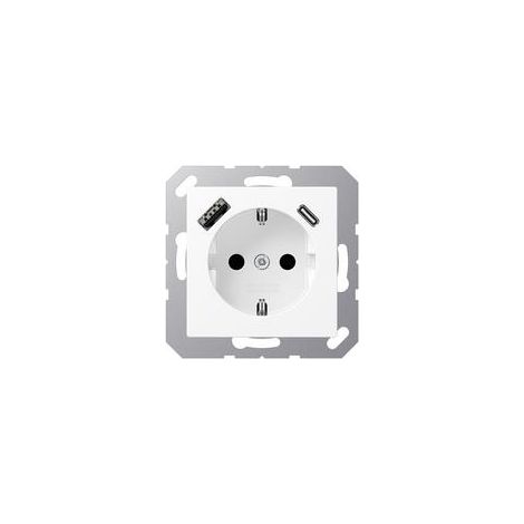 Jung Presa SCHUKO®, 16 A 250 V , con caricatore USB, 1 x tipo A + 1 x tipo C, SAFETY+, serie A, bianco neve opaco A 1520-15 CA WWM