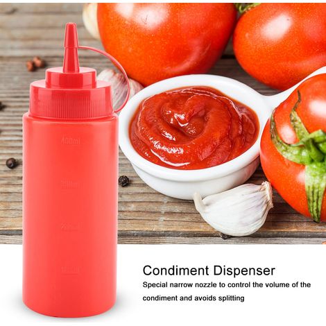 Distributeur de condiments en plastique rouge, 460 ml, lot de 10, pour sauces, huiles, crèmes et vinaigres. (1/5)