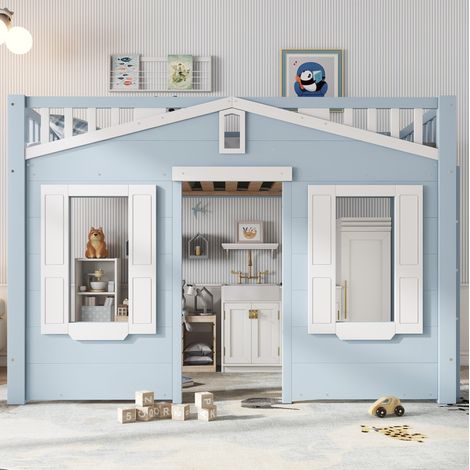 Letto a castello per bambini 210x95x135 cm, scala reversibile, finestra decorativa, legno massello e MDF, bianco e blu (1/5)