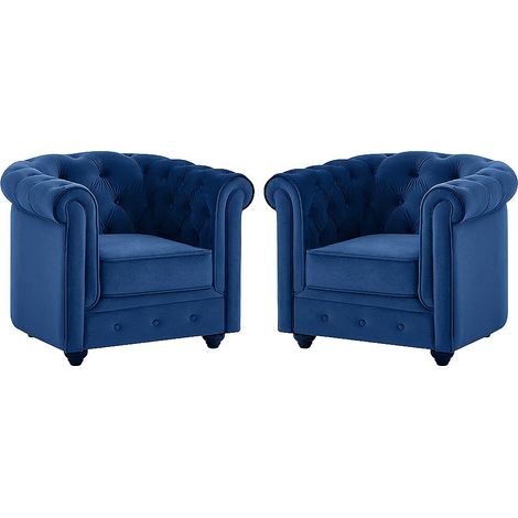Vente-Unique – Lot de 2 fauteuils Chesterfield en velours bleu roi – Dossier capitonné – Assise déhoussable – Dimensions 85x78x72cm (1/3)