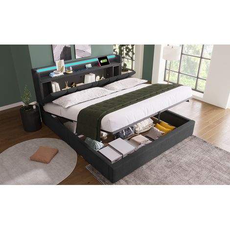 Gepolstertes Bett 140x200 cm aus grauem Leinen mit LED, Stauraum und Matratze – MEUBLIV (1/5)