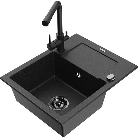 Mexen Enzo lavello in granito 1 vasca con scolapiatti e miscelatore cucina Duero, nero/metallo argento - 6506-73-671600-70-B (1/5)
