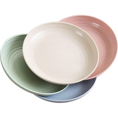 Lot de 4 assiettes biodégradables en paille de blé, compatibles micro-ondes et lave-vaisselle, plateau/assiette à goûter, légères, sans BPA, pour salades/gâteaux d'enfants et de tout-petits, antidérap (1/5)