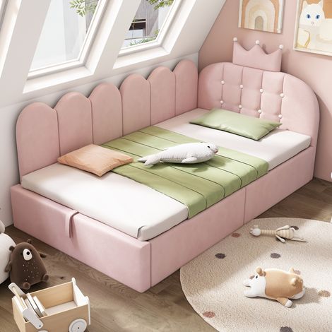 Letto singolo daybed 90x200 cm in velluto rosa con contenitore idraulico e testiera a corona (1/5)