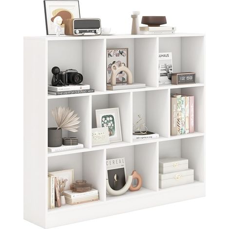 COSTWAY Libreria a 10 Cubi, Organizzatore di Stoccaggio a 3 Ripiani con 2 Kit Anti-Ribaltamento, Scaffale Multiuso in Legno per Soggiorno Camera da Letto Ufficio, 120x24x104 cm (Bianco) (1/5)