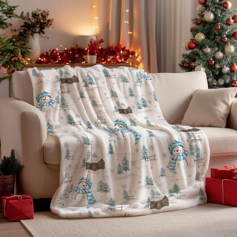 Plaid de Noël en flanelle - 127 x 152 cm, motif bonhomme de neige bleu et sapin enneigé, couverture polaire douce et moelleuse pour canapé, lit et détente, cadeau idéal pour enfants, adultes, épouse e (1/5)