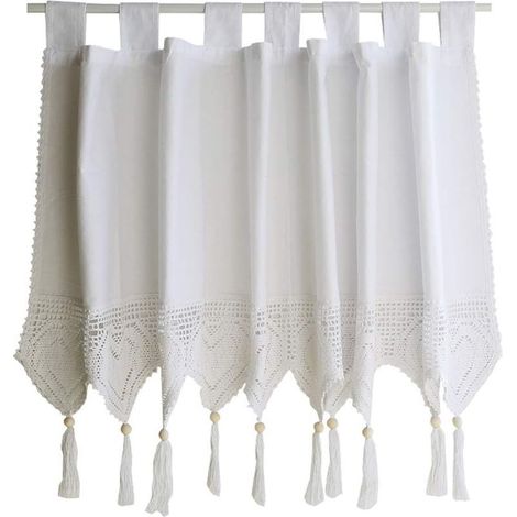GDHZS- Rideau de cantonnière de fenêtre en crochet élégant en coton avec pompon filtrant la lumière, languette supérieure décorative pour salon, salle à manger, café, 1 panneau (blanc, 150 x 45 cm) (1/5)