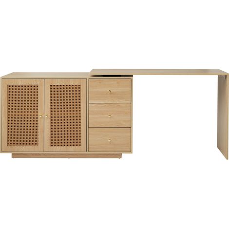 Bureau d'angle en L avec portes en rotin, table de travail blanche 126 cm (1/5)