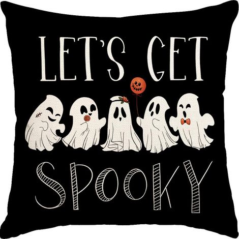 Lot de 2 housses de coussin décoratives pour Halloween, motif fantômes, taies d'oreiller en lin noir, décoration pour canapé et maison avec toile d'araignée (1/5)