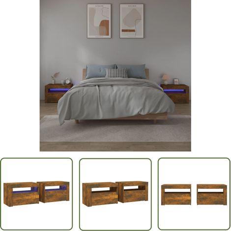 The Living Store Tables de chevet 2 pcs avec LED chêne fumé 60x35x40 cm - Table De Chevet - Meuble De Chambre - Luminaire Led - Éclairage Rgb - Commode (1/5)