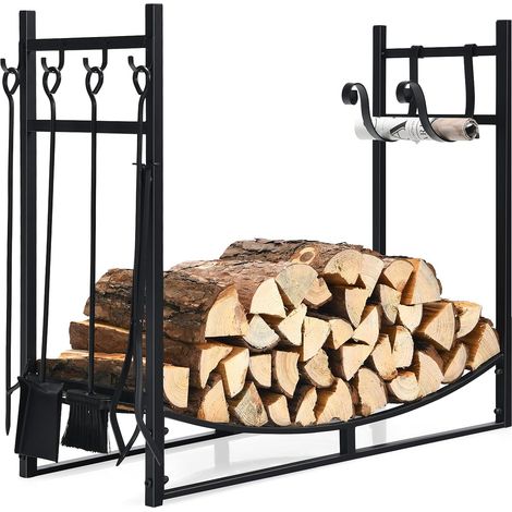 COSTWAY 36" Porte-bûche en Fer avec 4PCS Serviteurs de Cheminée Support Amovible, Range-bûche Charge 50kg avec Pelle Tisonnier Pince Brosse pour Poêle, Brasero, Foyer (1/5)