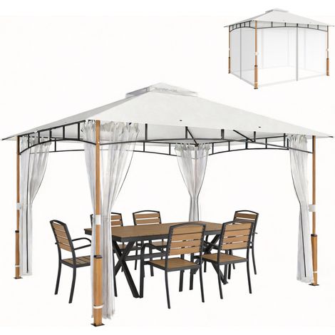 Outsunny Gazebo 3 x 3.6 m con Tetto Doppio e Rete, Crema