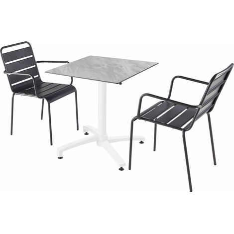 Ensemble table de terrasse stratifié marbre et 2 fauteuils gris (1/5)