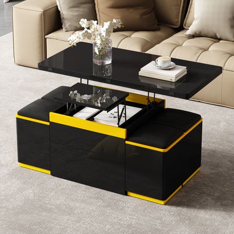 Table basse relevable 100x50x43cm, hauteur réglable, plateau pliable, convertible en table à manger, table d’appoint multifonction, noir brillant (1/5)
