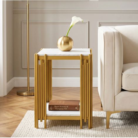 Nachttisch mit 2 Ablagen, Marmoroptik, Metallrahmen, Weiß/Gold, 43 x 40 x 54,7 cm OKMYHOME (1/5)