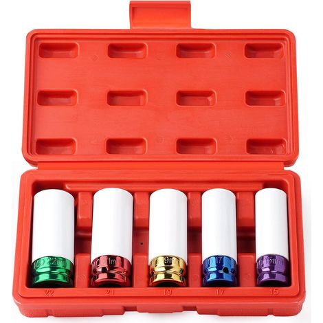 Jeu de 5 douilles à chocs pour jantes aluminium, 1/2" Douilles à Impact avec manchon en plastique pour protéger la jante lors du changement de pneus (15/17/19/21/22 mm) (1/5)