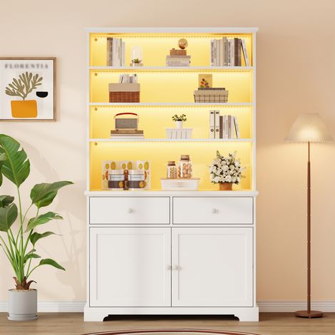 Vetrina 100x38x170 cm bianca in pannelli di particelle con LED, 2 ante, 2 cassetti e 7 vani (1/5)