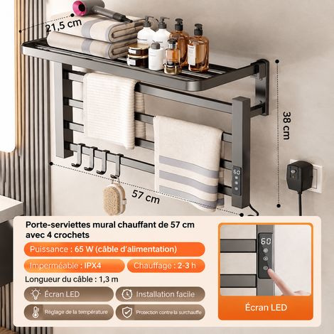 Sèche-Serviettes Électrique Mural Aluminium Gris étoilé, affichage numérique - 4 barres, Câble à droite, 57 cm 1 kg – Livraison gratuite (1/5)
