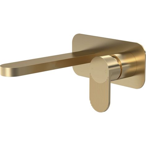 Nuie Cyprus Fluted 2-Hole Wall Mounted Basin Mixer Tap with Plate - Brushed Brass