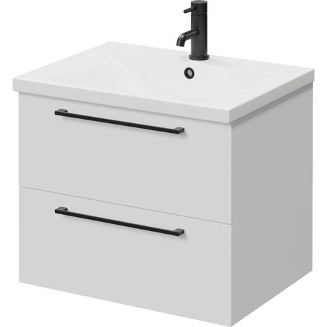 Napoli 460 Gloss White 600mm Wall Mounted 2 Drawer Vanity Unit with Glide Basin - 600mm - Matt Black 320mm Handle