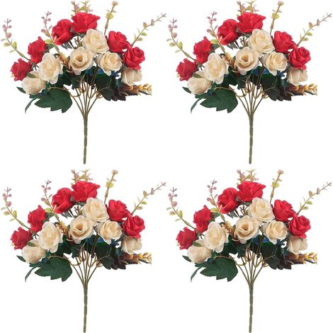 4 Bouquets de Roses Artificielles, Fleurs de Cimetière pour Tombe, Rouge (1/5)