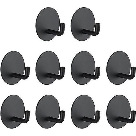Crochet adhésif noir, lot de 10, en acier inoxydable, pour fixation murale. (1/5)