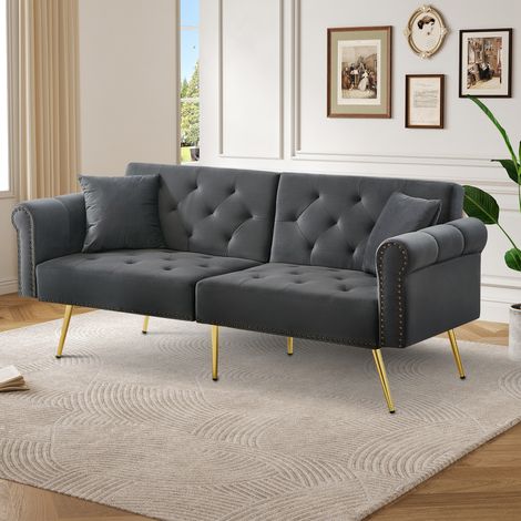 Divano Letto 147x85 cm in Velluto Grigio Antico, Schienale 3 Posizioni Indipendente e Piedi Dorati (1/5)