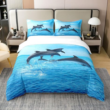 Housse de couette 100 % coton 200 x 200 cm Motif 3D Motif dauphin Bleu océan Motif vague de mer Avec fermeture éclair Doux et confortable Pour chambre d'enfants (1/5)