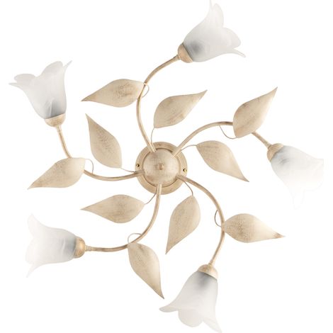 Plafonnier Olga Fer Ivoire, Déco Or Antique, Verre Albâtre D.14, 5 Lumières D.70 Cm Look Classique Raffiné (1/2)