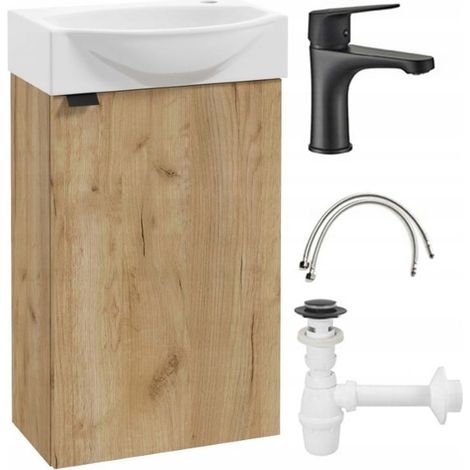 Mueble de baño con lavabo de 60x40 cm, suspendido, de roble artesanal, con grifo Parma negro. (1/2)