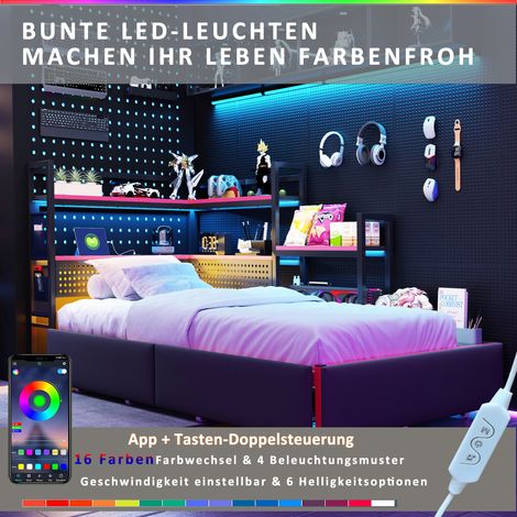 Cadre de lit gaming métallique avec 3 tiroirs et éclairage LED. Ports USB,mur perforé et étagères latérales,parfait pour adolescents et adultes.