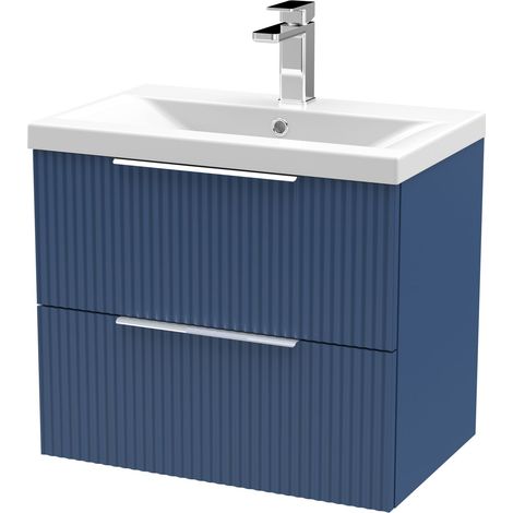 Fluted Front Wall Hung 2-Drawer Bathroom Vanity Unit with 1 Tap Hole Basin, 600mm, Satin Blue, Chrome Handles