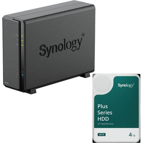 Servidor NAS Synology DiskStation DS124 de 1 bahía con carcasa vacía + 1 disco duro Synology Plus SATA de 3,5" y 6 Gb/s de