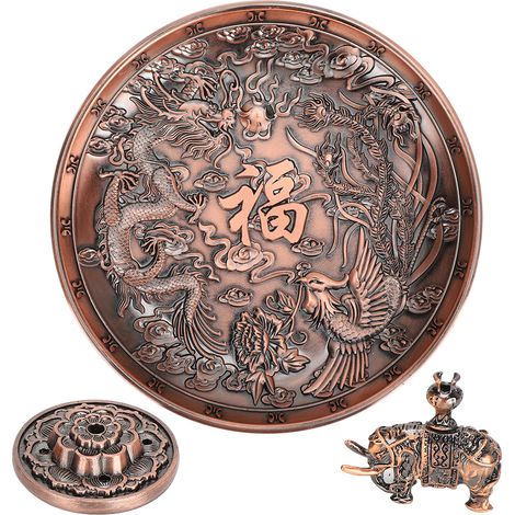 Brûleur d'encens orné d'un dragon et d'un phénix, porte-encens et porte-bougie, support en forme de fleur de lotus et d'éléphant, pour la maison et les usages religieux. (1/5)