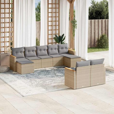 Ensemble Salon Jardin 9 Places Résine Tressée Beige avec Coussins Gris, Stockage Intégré et Accoudoirs Acacia (1/3)