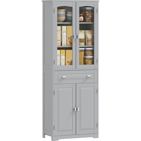 HOMCOM Kitchen Cupboard Storage Cabinet Adjustable Shelves, Glass Door, Grey