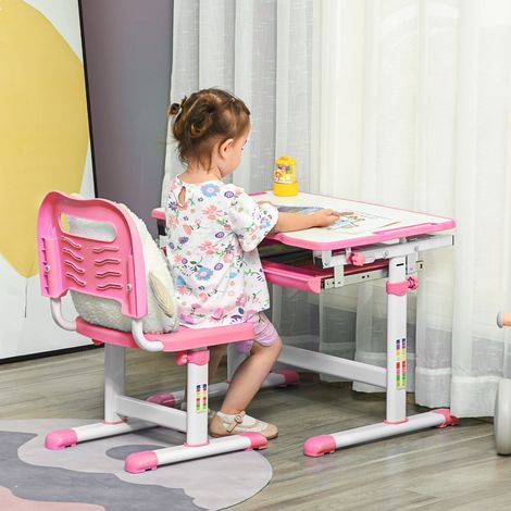 Rose - Ensemble de bureau et de chaise pour enfants, bureau d’écriture ajustable pour élèves, avec tiroir, fente pour stylo, crochet (1/4)