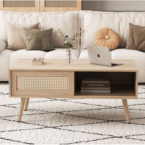 Couchtisch 105x55x40 cm Naturholz MDF mit Rattan-Schiebetüren und Massivholzbeinen (1/5)