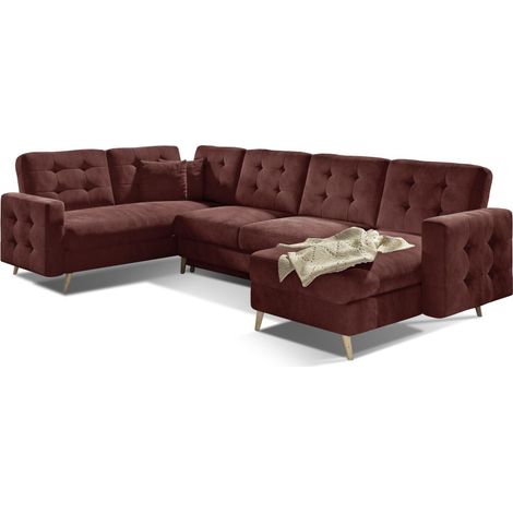 Canapé d'angle panoramique convertible HASGARD U 326x202 cm marron velours
