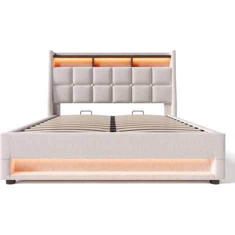 Lit rembourré avec USB 140x200 cm, lit double LED avec sommier à lattes en cadre métallique, cadre de lit en lin pour ado (sans matelas) (1/5)