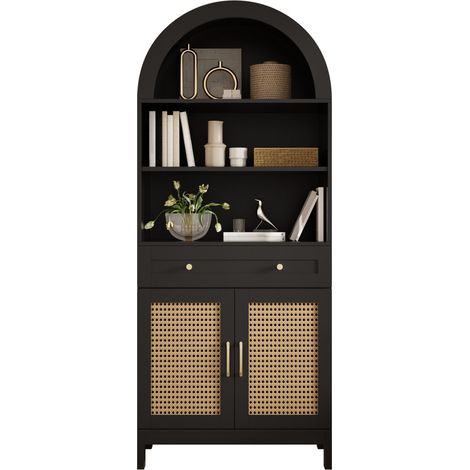 Vitrine de rangement arquée avec portes en résine tressée, 3 niches ouvertes, 1 tiroir et 2 portes, 170 cm, noir et bois clair  CHICFURN (1/5)