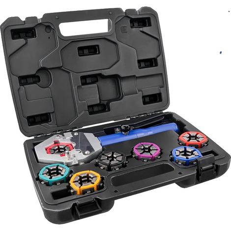 Prensa de engaste hidráulica, construcción de acero, capacidad de engaste de 6 a 12 pulgadas, accionamiento manual, incluye matrices completas, apta para montaje en mesa de trabajo. (1/5)