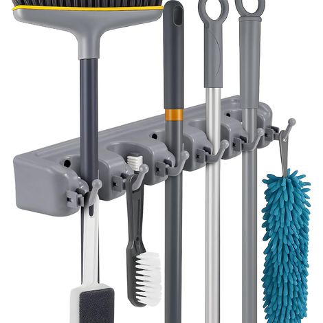 Broom Mop Holder with 5 Position 6 Hooks Wall Mounted Tools Organizer Storage Rack for Brush Mop Broom Tool Storage Multipurpose Brush Holder for Bathroom Kitchen Garden Garage (Dark Grey) (1/5)