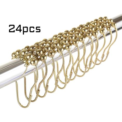 Lot de 12 anneaux de rideau de douche en acier inoxydable avec système coulissant, 24 crochets simples, doré (1/5)