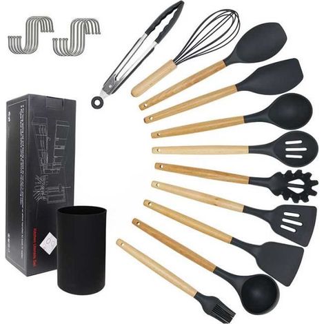 11 pièces ustensiles cuisine silicone, poignées bois gris, résistant à la chaleur, set complet pour cuisinier amateur ou professionnel (1/4)